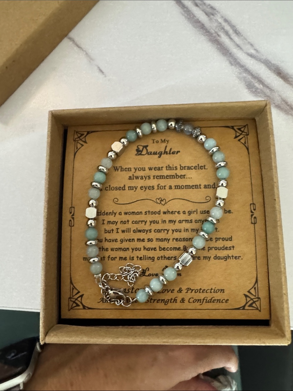 Daughter Gift Beaded Bracelet in Light Aqua with Silver Accents